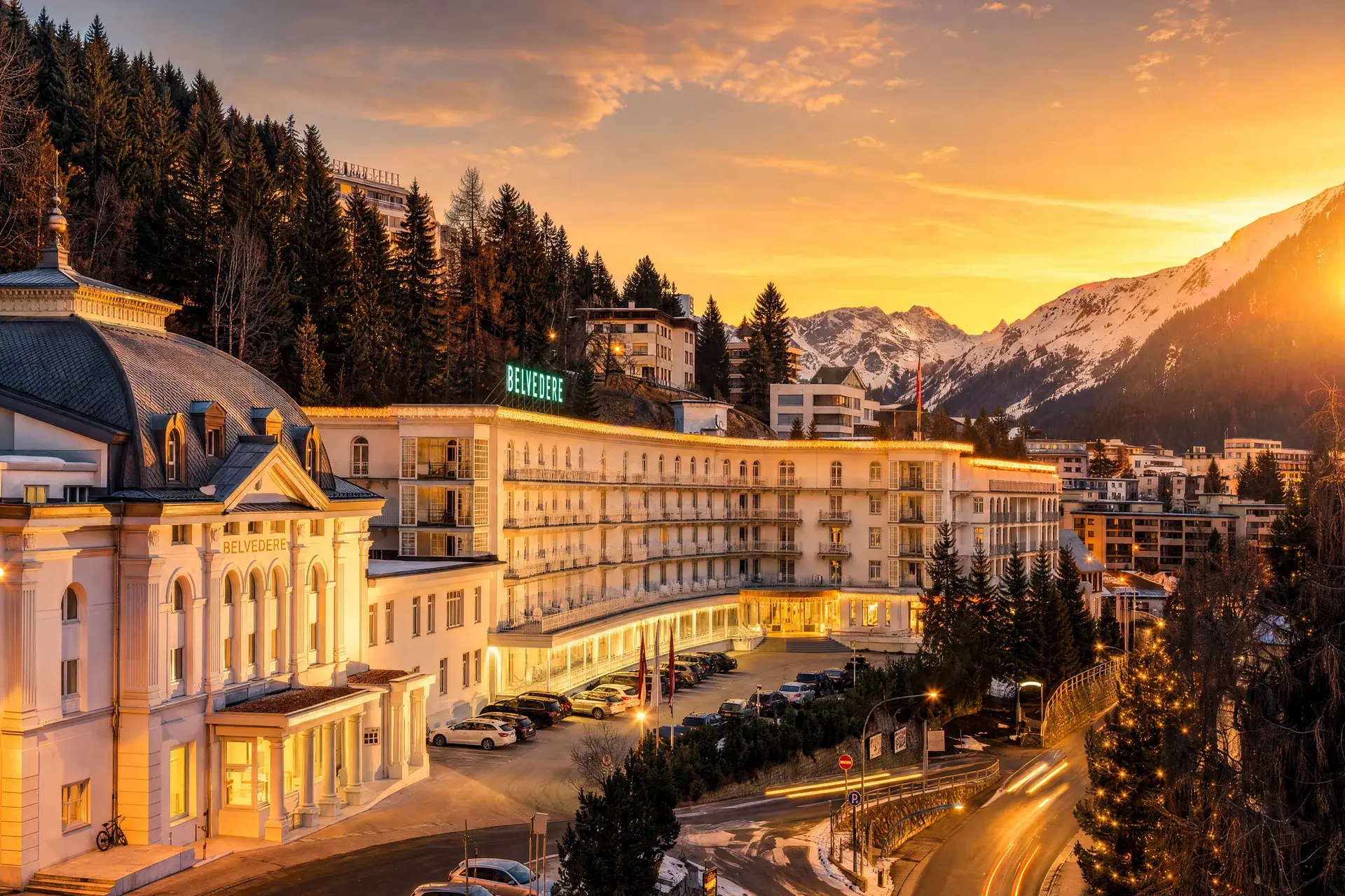 The Grandhotel Belvedere in Davos at sunset